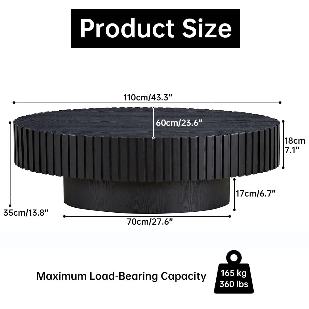 Drum Oval Coffee Table Black Wood Coffee Table Mid Century Rustic Coffee Table Irregular Elliptical Coffee Table Olive Pedestal Coffee Table for Farmhouse Living Room (Black, 44*24*14 inch) WUPDPQS