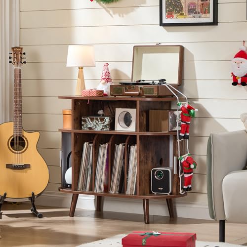 LELELINKY Large Round Record Player Stand with Charging Station & Fluted Panel, Brown Mid Century Modern Turntable Cabinet with Vinyl Storage, Arched Wood Record Player Table for Living Room LELELINKY