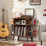 LELELINKY Large Round Record Player Stand with Charging Station & Fluted Panel, Brown Mid Century Modern Turntable Cabinet with Vinyl Storage, Arched Wood Record Player Table for Living Room LELELINKY