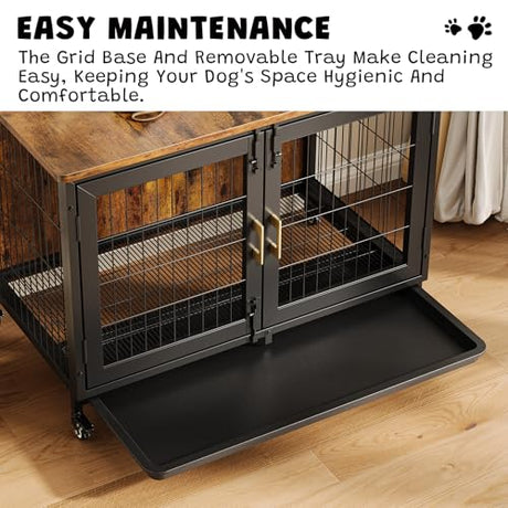 37.5 Inch Wooden Dog Crate with Wheels - Furniture Style Pet Kennel for Small to Medium Dogs Up to 66 Lbs - Multi-Purpose Removable Tray, Decorative Indoor Dog House, Sturdy & Stylish Design Hipicute