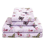 Softan Floral Twin Size Sheet Set, Purple Paisley Flower Printed Sheets for Kids Girls, Brushed Microfiber Fitted Sheet with 15" Deep Pocket & Non-Slip Straps, Butterfly Patterned Sheets Softan