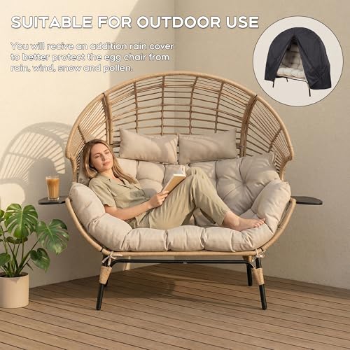 LUTINLIX Double Egg Chair with Cup Holder Outdoor Indoor,2 Person Oversized Wicker Lounge Egg Chair with 8” Thicken Cushions & Rain Cover 700lbs for Patio Balcony Porch Living Room