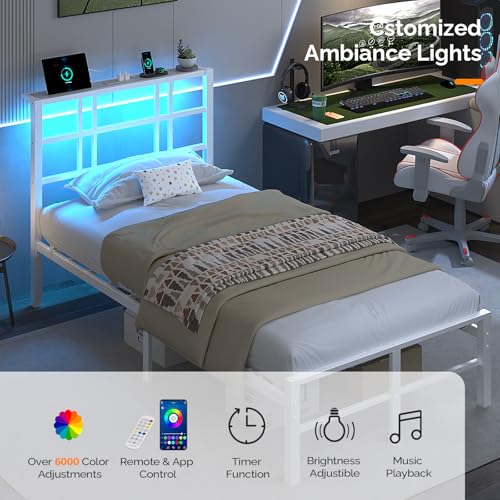 VINGLI Twin Bed Frame with Storage Headboard, LED Lights, and Charging Station, Single Metal Platform Pannel Bed with Wooden Storage Shelf, Underbed Storage Space, Apartement, White VINGLI