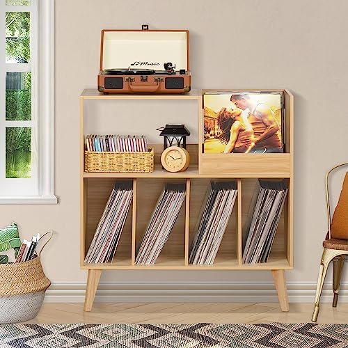 LELELINKY Large Record Player Stand, Turntable Stand with Storage, Vinyl Record Holder with Display Area, Record Player Table Holds Up to 300 Albums, Record Stand for Music room Living Room-Natural LELELINKY