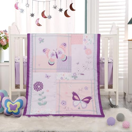 Wowelife Girl Crib Bedding Set, Butterfly Baby Girl Nursery Bedding Set, Premium Purple Baby Bedding Set, Baby Girl Cot Bed Set Include Quilted Comforter, Crib Skirt and Crib Sheet, Purple Wowelife