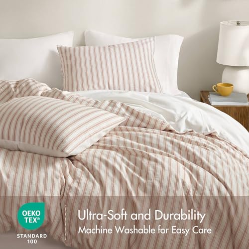 Madison Park Duvet Cover Set for Hot Sleepers - Linen Cotton Rayon Blend, King Size 3 Piece Set with Shams - Lightweight & Breathable Bedding, Terracotta Striped Design Madison Park