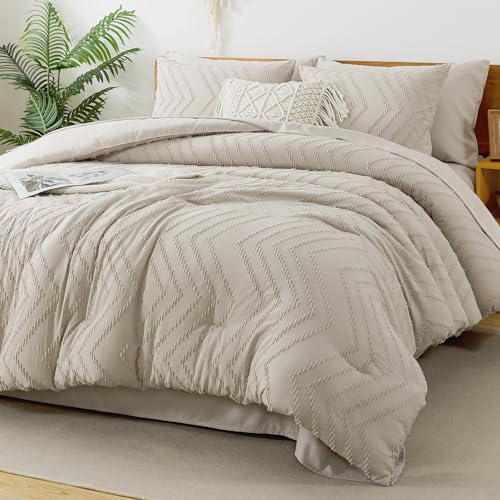 Litanika Queen Comforter Set with Sheets Beige - 7 Pieces Bed in a Bag Queen Chevron Tufted Complete Bedding Sets with Comforter, Sheets, Pillowcases & Shams Litanika