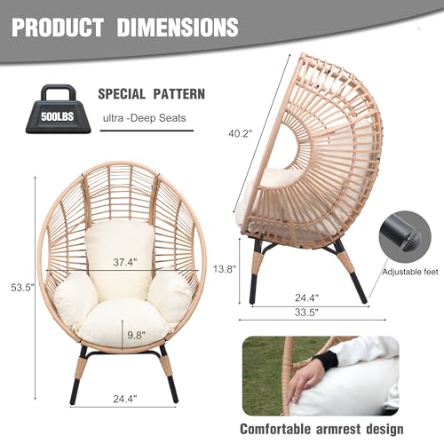 LUTINLIX Oversized Wicker Egg Chair Outdoor Indoor,Patio Lounge Chair with Thicken Cushions, Egg Reading Chair 500lbs Capacity for Garden, Backyard, Porch,Bedroom (Beige-Regular, 1pcs) LUTINLIX