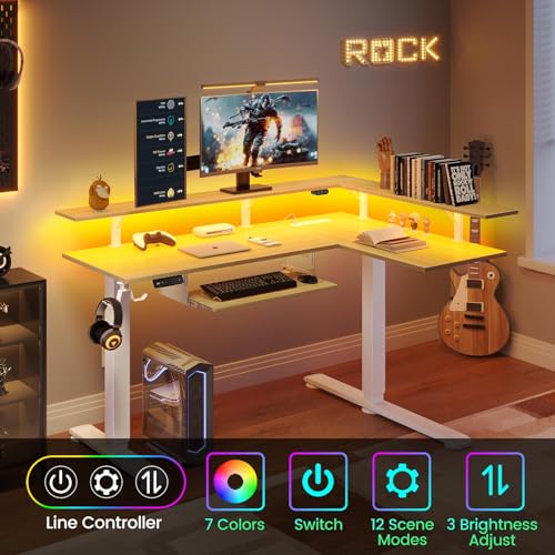 Rolanstar L Shaped Standing Desk with Keyboard Tray, Height Adjustable Corner Desk with LED Light & Power Outlet, Electric Sit Stand Computer Desk with Monitor Stand, Beige Rolanstar