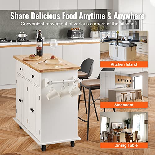 VEVOR Kitchen Island Cart with Solid Wood Top, 35.4" Width Mobile Carts with Storage Cabinet, Rolling Kitchen Table with Spice Rack, Towel Rack, and Drawer, Portable Islands on Wheels, White - WoodArtSupply