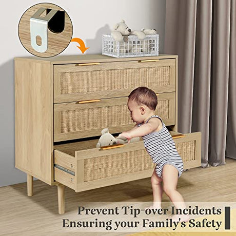 HOPUBUY 3 Drawer Dresser for Bedroom, Rattan Dresser Modern Closet Dressers Chest of Drawers, Wood Oak 3 Drawer Storage Chest for Bedroom, Hallway, Living Room HOPUBUY