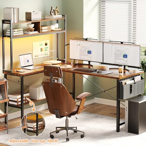 Aheaplus L Shaped Desk Gaming Desk, 59" L Shaped Computer Desk with LED Light & Power Outlet, Reversible Home Office Desk Gamer Desk with Shelves & Storage Bag & Hooks, Corner PC Desk, Rustic Brown Aheaplus
