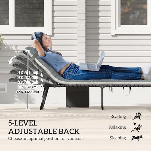 Outsunny Chaise Lounge Chair Outdoor Set of 2, 5-Position Adjustable Outdoor Pool Lounge Chairs, Folding Tanning Chair Beach Lounger with Cushion, Headrest, Side Pocket for Patio, Yard, Gray