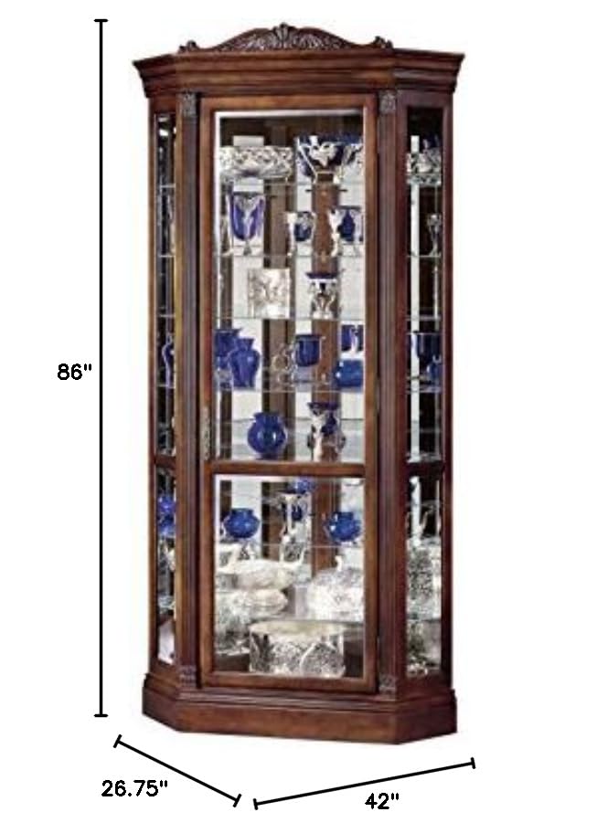 Howard Miller Embassy II Corner Curio Cabinet 680-290 – Embassy Cherry Finish, Distressed Home Decor, Seven Glass Shelves, Eight Level Display Case, Locking Front Door & Halogen Light