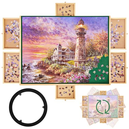 1500 Pieces Rotating Wooden Jigsaw Puzzle Board, 27"x35" Puzzle Board with 6 Drawers & Cover, 360 Degree Rotating Puzzle Storage Table for Adult