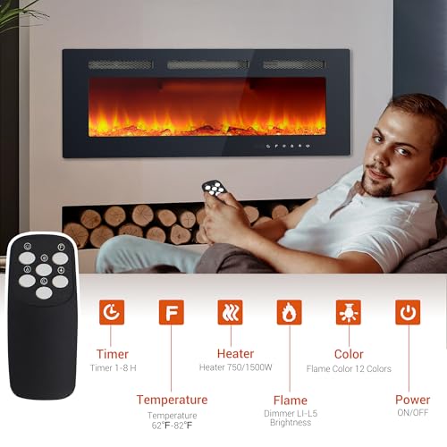 40 Inch Ultra-Thin Recessed Electric Fireplace, Wall Mounted Linear Fireplace Heater with Remote & Touch Screen | Multicolor Flame, Adjustable Thermostat, Timer | Includes Logs & Crystals, 1500W 120V PeakPursuit