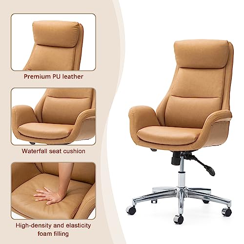 Glitzhome Modern Executive Office Chair, High Back PU Leather Ergonomic Computer Desk Chair, Adjustable Height Swivel Office Task Chair with Lumbar Back Support (Camel) Glitzhome