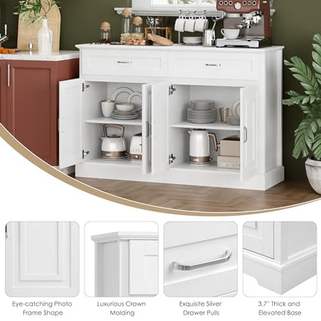 FACBOTALL Sideboard Buffet Cabinet with Storage, 55.1" Large Kitchen Storage Cabinet with 2 Drawers and 4 Doors, Farmhouse Coffee Bar for Kitchen Dining Room, White FACBOTALL