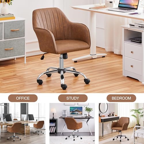 Yaheetech Modern Faux Leather Desk Chair Makeup Chair Height Adjustable Swivel Office Task Computer Armchair for Living Room Retro Brown Yaheetech