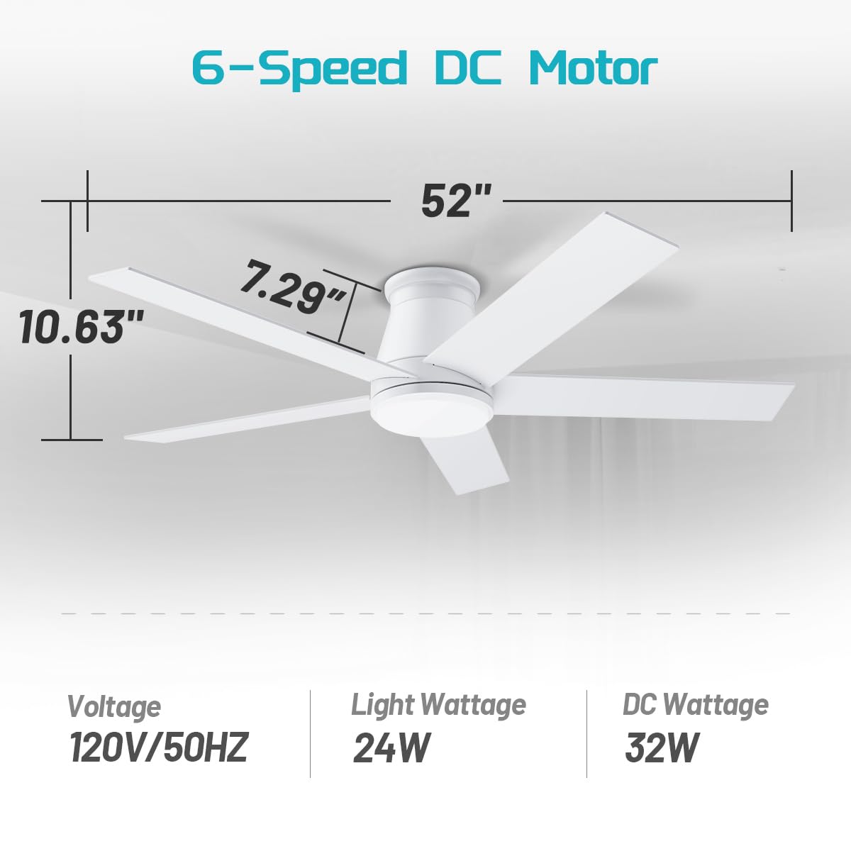 wurzee 52" Ceiling Fan with Light, White,6 Speeds DC Reversible Motor,Timing, Dimmable for Bedroom, Kitchen, Patios wurzee