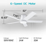 wurzee 52" Ceiling Fan with Light, White,6 Speeds DC Reversible Motor,Timing, Dimmable for Bedroom, Kitchen, Patios wurzee