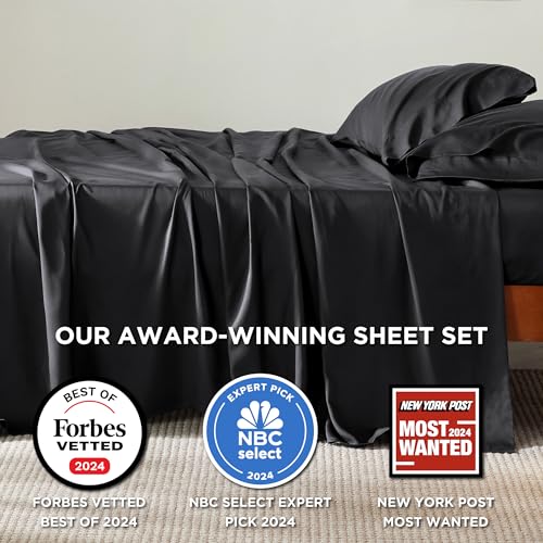 Bedsure Full Size Bed Sheets, Cooling Sheets, Rayon Derived from Bamboo, Breathable & Soft, Deep Pocket Up to 16 Inches, Hotel Luxury Silky Bedding for Hot Sleepers, Black Bedsure