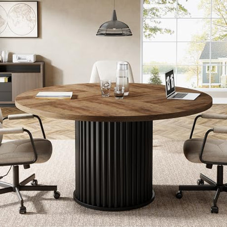 Tribesigns 47-Inch Round Conference Table, Meeting Table for 4-6 People, Small Office Desk with Sturdy MDF + Metal Base, Perfect for Conference Room or Small Workspaces, Brown + Black Tribesigns
