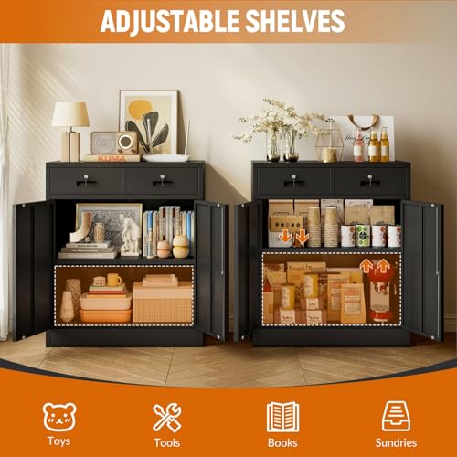 BESFUR Metal Storage Cabinet, Garage Storage Cabinet with 2 Drawers and Adjustable Shelf, Locking Short Storage Cabinet for Office Garage Home, Black Metal Cabinets(36" H x 31.5" W x 16" D) BESFUR