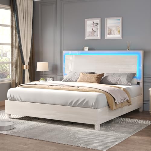 LUXOAK High Gloss Queen Bed Frame with LED Floating Headboard - Beige - WoodArtSupply