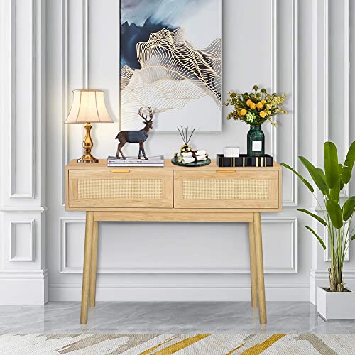LAZZO 39" Console Table, Oak Grain Sofa Table with Wood Frame, Rustic Hallway Table with 2 Bamboo Weaving Storage Drawers for Foyer Living Room Entryway LAZZO