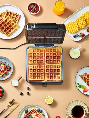 Belgian Waffle Maker 4 Slices, 1200W Waffle Iron, Anti-Overflow Waffle Iron with Browning Knob, Nonstick Plates, Indicator Lights, Silver/Black Reemix