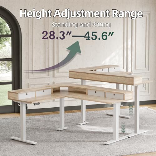 TIQLAB L Shaped 63 x 55 inch Standing Desk Adjustable Height, Electric Corner Standing Desk with 4 Drawers and Upper Shelf, Sit Stand Computer Table with Splice Board, Maple TIQLAB
