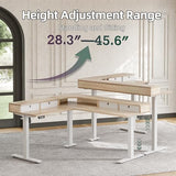 TIQLAB L Shaped 63 x 55 inch Standing Desk Adjustable Height, Electric Corner Standing Desk with 4 Drawers and Upper Shelf, Sit Stand Computer Table with Splice Board, Maple TIQLAB