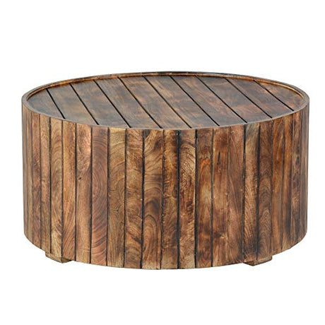The Urban Port 34-Inch Handmade Wooden Round Coffee Table with Plank Design, Burned Brown TUP THE URBAN PORT