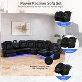 Saxum Tegmen Power Recliner Sofa Set, Living Room Furniture Sets, Leather Sectional Sofa Set with LED Lights, Cup Holders, Storage Console for Living Room/Home Theater (Black)