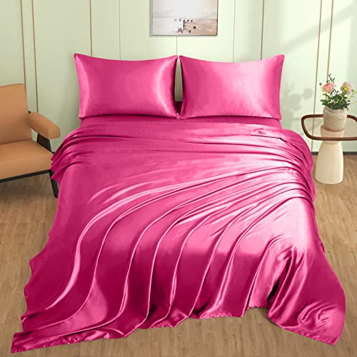 VACVELT 4pcs Hot Pink Satin Sheets King Size Bed Set, 15 Inch Deep Pocket Silky Satin Sheet Set, Soft Satin Bedding Set Cooling & Luxury Bed Sheets, 1 Fitted Sheet + 1 Flat Sheet + 2 Pillowcases VACVELT
