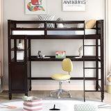 Twin Size Loft Bed with Desk and Drawers, Solid Wood Loft Bed with Storage Shelves for Kids Teens Adults - Espresso Bellemave