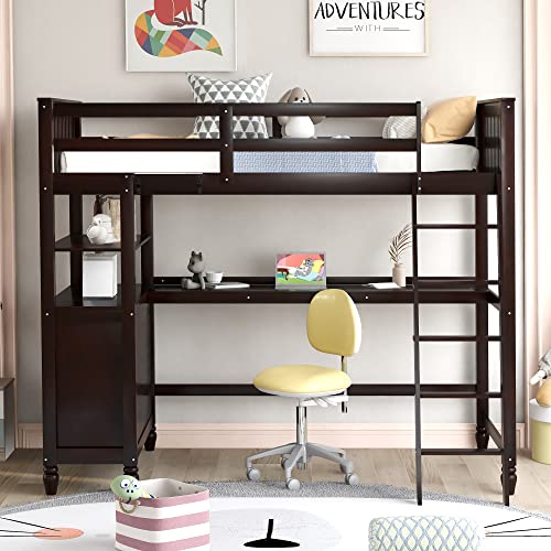 Twin Size Loft Bed with Desk and Drawers, Solid Wood Loft Bed with Storage Shelves for Kids Teens Adults - Espresso - WoodArtSupply