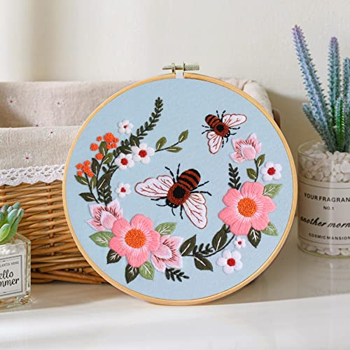 Santune 3 Pack Bee Embroidery Kit for Beginners Adult Cross Stitch Kits Hand Embroidery with Animal Patterns and Instructions,DIY Sets for Women with Hoop,Threads and Needles