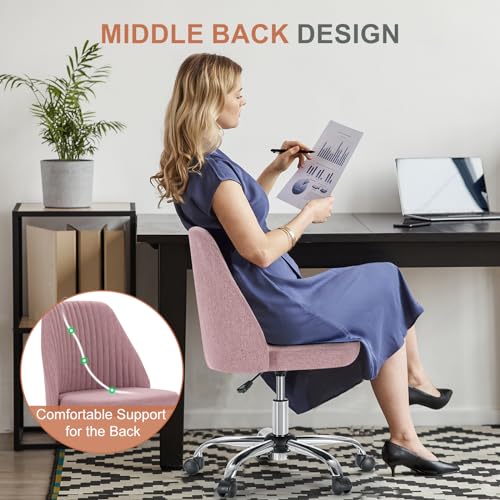 DUMOS Office Chair, Comfy Desk Chair Rolling Vanity Swivel Task Chairs with Wheels, Wide Seating Armless Height Adjustable Computer Chairs for Home,Bedroom,Student,Adults, Blush DUMOS