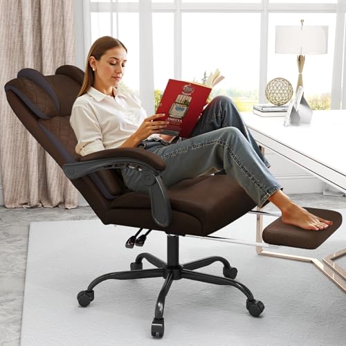 Ergonomic Office Chair with Footrest, 400lbs High Back Executive Home Office Computer Chair with Unique Ear-Shape Headrest for Neck Support,Coffee Leather Office Chairs for Home Office Work Hihady