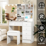 Teousev Small Vanity Desk with Mirror and Lights,White Vanity with 6 Drawers 6 Shelves 1 Chair,3 Lighting Colors Adjustable,31.5" L*14.2" W*51.2" H Teousev