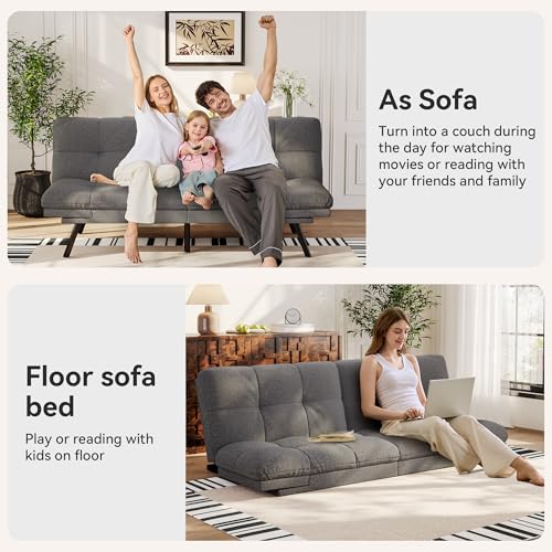 Vipbear Convertible Futon Sofa Bed,Grey Linen Futon Couch with Detachable Cushion,Adjustable Backrest & Armrest,Modern Small Recliner Loveseat Sleeper Couch for Living Room,Office,Apartment Vipbear