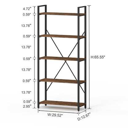 BON AUGURE 5-Tier Rustic Oak Industrial Bookshelf with Metal Frame - WoodArtSupply