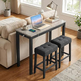 COSTWAY 3-Piece Bar Table Set with Charging Station, Modern Counter Height Breakfast Table w/Faux Marble Top & 2 Padded Stools, Wooden Console Table Set for Living Room, Kitchen, Dining Room (Gray) COSTWAY
