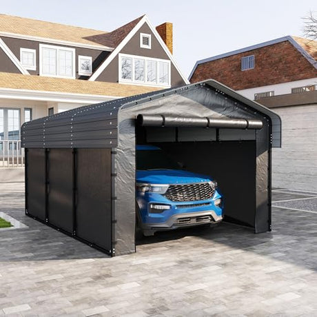 10x15FT Metal Carport Kits with Galvanized Steel Roof, Heavy Duty Metal Frame Carports Canopy with Removable Sidewalls, Garage Car Tent Shelter for Tractors, Boat, Car, Gray DOVELF