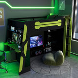 LUMISOL Twin Size Gaming Loft Bed with Desk, RGB LED Lights & Charging Stations, Wood Loft Bed Frame with Storage Bookshelves for Kids, Teens & Adults, Green + Black LUMISOL