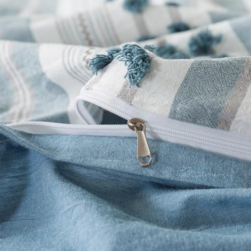 Washed Cotton Twin Size Duvet Cover Set - Tufted Dots Boho Chic Bedding for All Seasons, Striped Bohemain Bedding Linen Like Textured Breathable Durable Soft Comfy (Blue, 66''x90'') La Sheer
