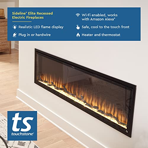 Touchstone Sideline Elite Smart 72” WiFi-Enabled Electric Fireplace - 80038 - in-Wall Recessed - 60 Color Combinations - 1500/750 Watt Heater (68-88°F Thermostat) - Black - Log, Crystals & Driftwood