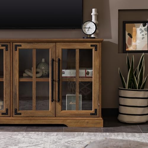 Walker Edison Farmhouse Barn Glass Door Wood Universal TV Stand for TV's up to 64" Flat Screen Living Room Storage Cabinet Doors and Shelves - WoodArtSupply